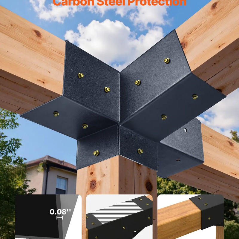 VEVOR pergolas stiprinājumu komplekts 92 × 92 mm koka brusām, slīpi 4 virzienu savienojumi no oglekļa tērauda ar stabu pamatnēm un sienas stiprinājumiem, pergolām, lapenēm un nojumēm