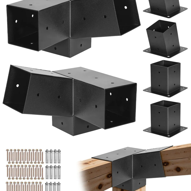 VEVOR pergolas stiprinājumu komplekts 92 × 92 mm koka brusām, 2 slīpi 3 virzienu savienojumi ar 2 stabu pamatnēm un 2 sienas stiprinājumu pamatnēm, pergolām, lapenēm un nojumēm