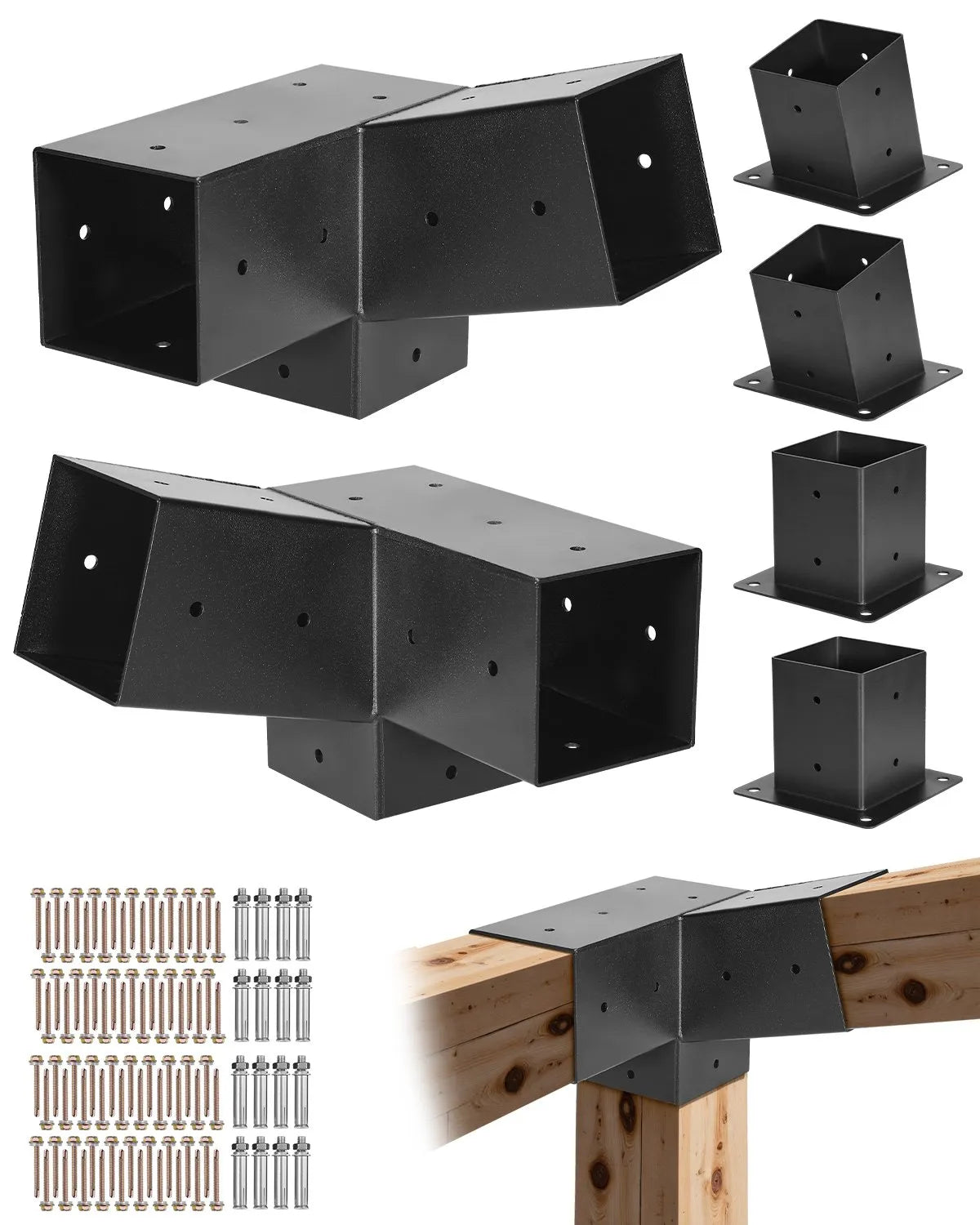 VEVOR pergolas stiprinājumu komplekts 92 × 92 mm koka brusām, 2 slīpi 3 virzienu savienojumi ar 2 stabu pamatnēm un 2 sienas stiprinājumu pamatnēm, pergolām, lapenēm un nojumēm