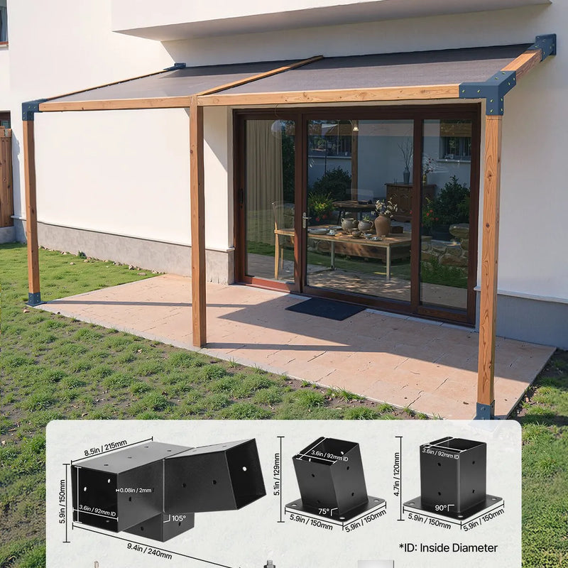 VEVOR pergolas stiprinājumu komplekts 92 × 92 mm koka brusām, 2 slīpi 3 virzienu savienojumi ar 2 stabu pamatnēm un 2 sienas stiprinājumu pamatnēm, pergolām, lapenēm un nojumēm