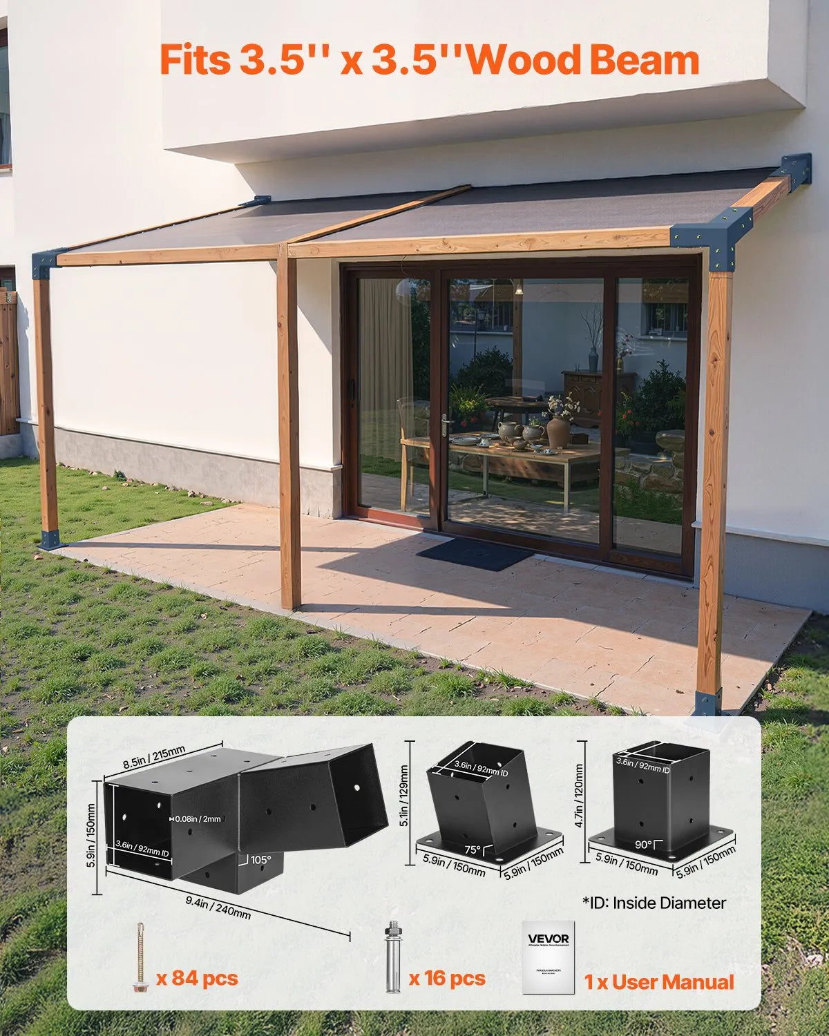 VEVOR pergolas stiprinājumu komplekts 92 × 92 mm koka brusām, 2 slīpi 3 virzienu savienojumi ar 2 stabu pamatnēm un 2 sienas stiprinājumu pamatnēm, pergolām, lapenēm un nojumēm