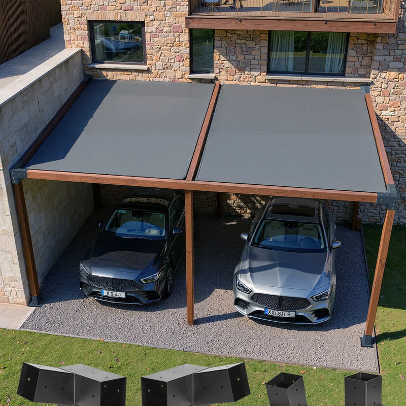 VEVOR pergolas stiprinājumu komplekts 92 × 92 mm koka brusām, 2 slīpi 3 virzienu savienojumi ar 2 stabu pamatnēm un 2 sienas stiprinājumu pamatnēm, pergolām, lapenēm un nojumēm