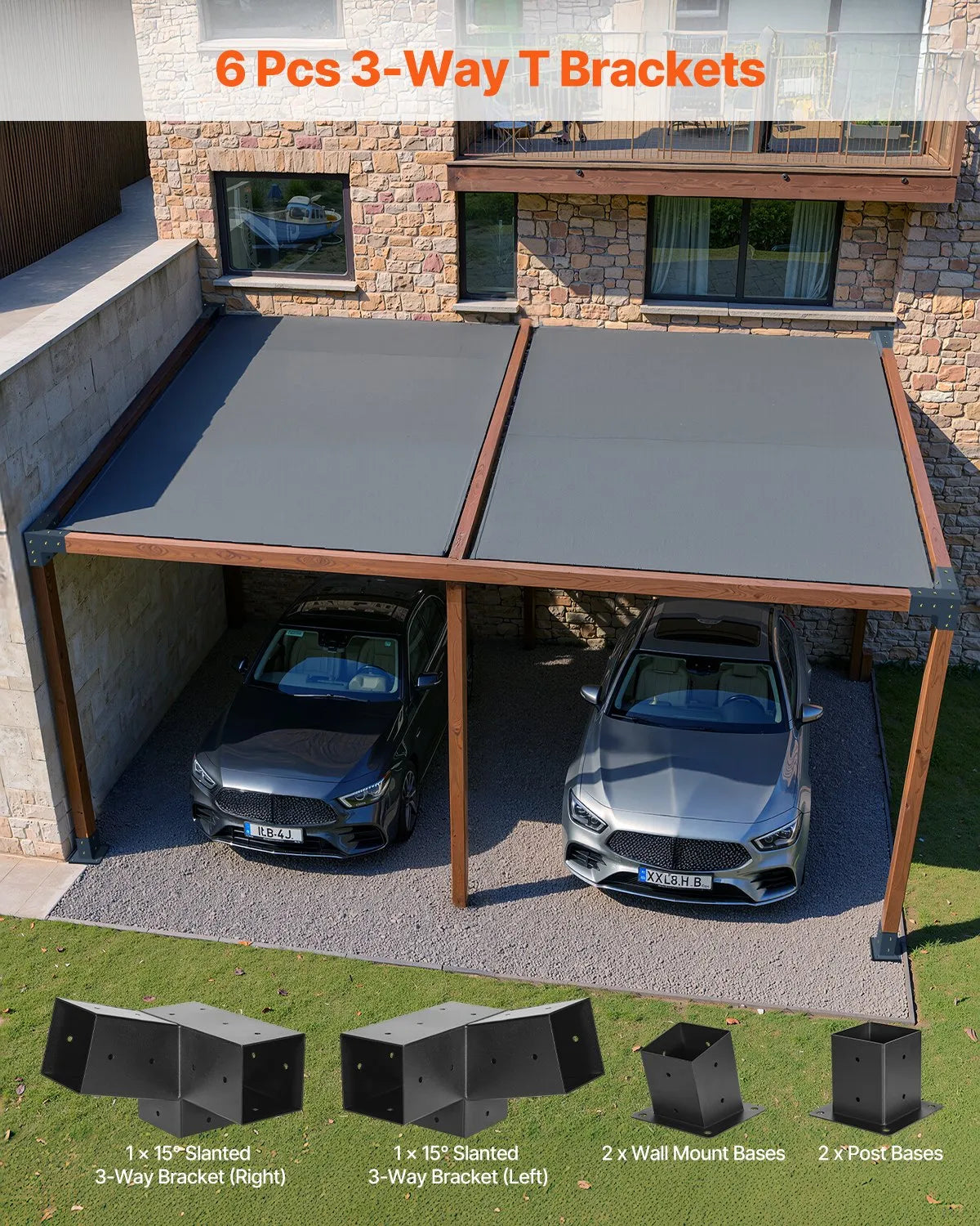 VEVOR pergolas stiprinājumu komplekts 92 × 92 mm koka brusām, 2 slīpi 3 virzienu savienojumi ar 2 stabu pamatnēm un 2 sienas stiprinājumu pamatnēm, pergolām, lapenēm un nojumēm