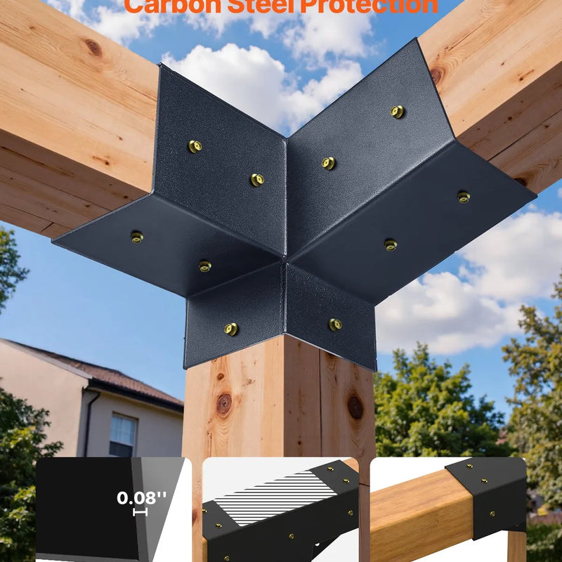 VEVOR pergolas stiprinājumu komplekts 92 × 92 mm koka brusām, 2 slīpi 3 virzienu savienojumi ar 2 stabu pamatnēm un 2 sienas stiprinājumu pamatnēm, pergolām, lapenēm un nojumēm