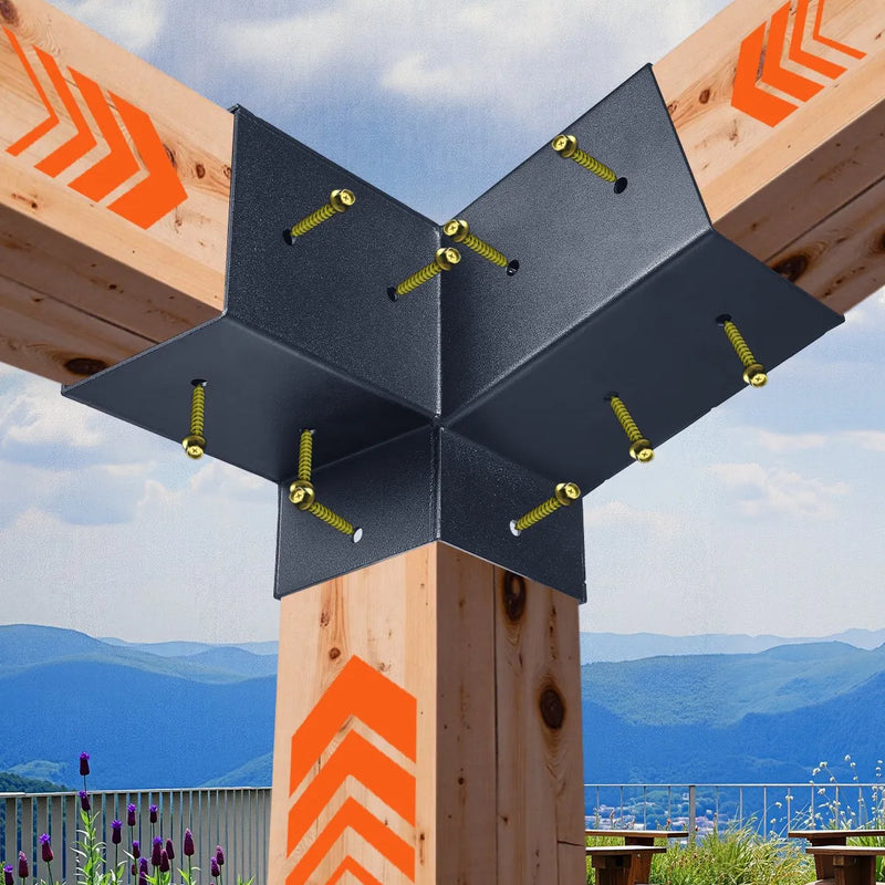 VEVOR pergolas stiprinājumu komplekts 92 × 92 mm koka brusām, 2 slīpi 3 virzienu savienojumi ar 2 stabu pamatnēm un 2 sienas stiprinājumu pamatnēm, pergolām, lapenēm un nojumēm