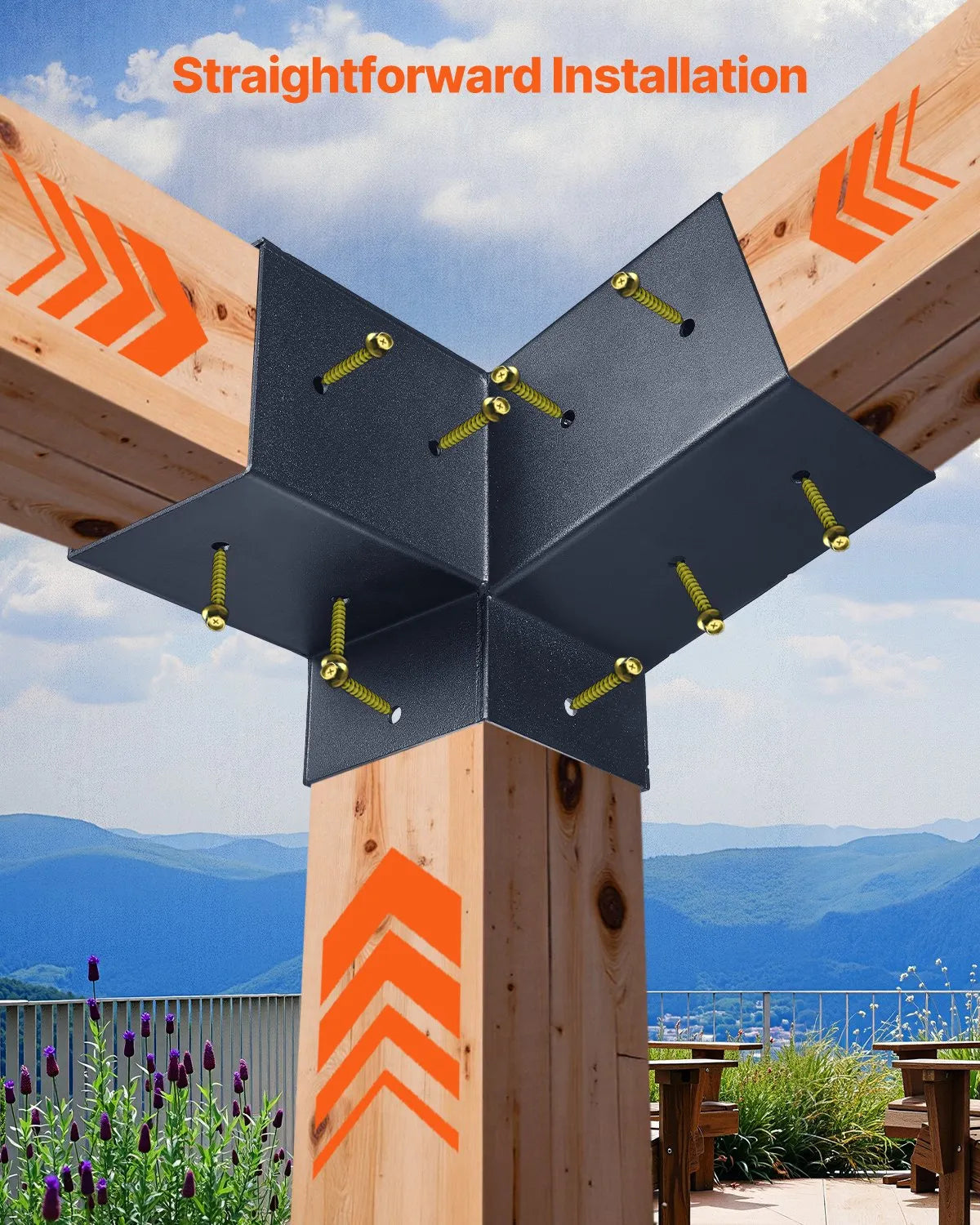 VEVOR pergolas stiprinājumu komplekts 92 × 92 mm koka brusām, 2 slīpi 3 virzienu savienojumi ar 2 stabu pamatnēm un 2 sienas stiprinājumu pamatnēm, pergolām, lapenēm un nojumēm