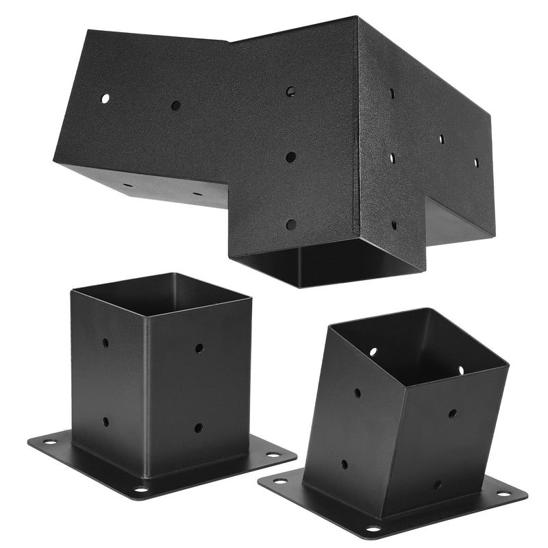 VEVOR pergolas stiprinājumu komplekts 92 × 92 mm koka brusām, 2 slīpi 3 virzienu savienojumi ar 2 stabu pamatnēm un 2 sienas stiprinājumu pamatnēm, pergolām, lapenēm un nojumēm