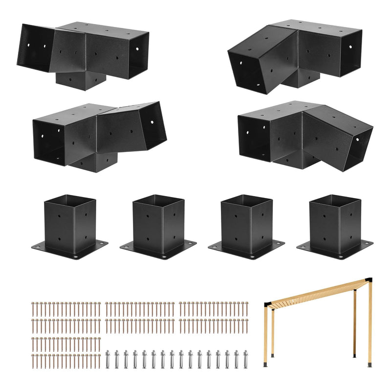 VEVOR pergolas stiprinājumu komplekts 92 × 92 mm koka brusām, slīpi 3 virzienu savienojumi no oglekļa tērauda ar skrūvēm un stabu pamatnēm, lapenēm un nojumēm, 8 gab.