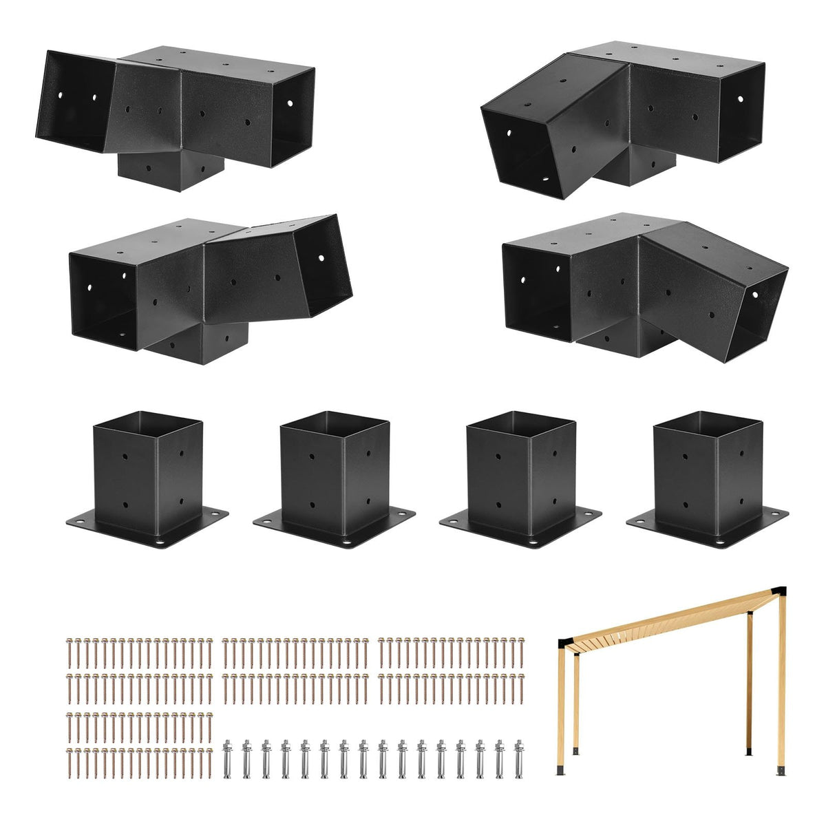 VEVOR pergolas stiprinājumu komplekts 92 × 92 mm koka brusām, slīpi 3 virzienu savienojumi no oglekļa tērauda ar skrūvēm un stabu pamatnēm, lapenēm un nojumēm, 8 gab.