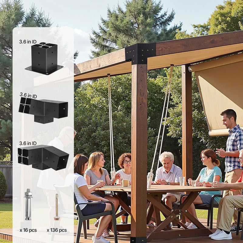 VEVOR pergolas stiprinājumu komplekts 92 × 92 mm koka brusām, slīpi 3 virzienu savienojumi no oglekļa tērauda ar skrūvēm un stabu pamatnēm, lapenēm un nojumēm, 8 gab.