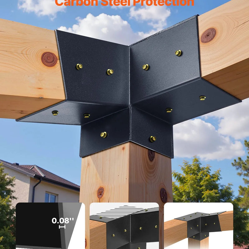 VEVOR pergolas stiprinājumu komplekts 92 × 92 mm koka brusām, slīpi 3 virzienu savienojumi no oglekļa tērauda ar skrūvēm un stabu pamatnēm, lapenēm un nojumēm, 8 gab.