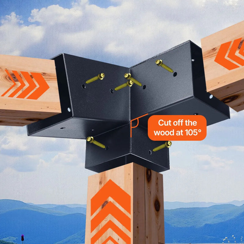 VEVOR pergolas stiprinājumu komplekts 92 × 92 mm koka brusām, slīpi 3 virzienu savienojumi no oglekļa tērauda ar skrūvēm un stabu pamatnēm, lapenēm un nojumēm, 8 gab.