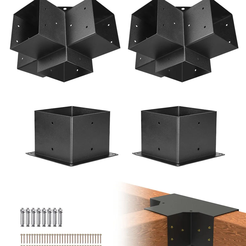 VEVOR pergolas stūra stiprinājumu komplekts 152 × 152 mm, iekšējais izmērs 142 × 142 mm, 4 virzienu lielas slodzes savienojumi koka brusām un stabiem, lapenēm, terases pergolām un koka nojumēm, 2 gab.