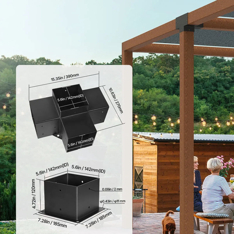 VEVOR pergolas stūra stiprinājumu komplekts 152 × 152 mm, iekšējais izmērs 142 × 142 mm, 4 virzienu lielas slodzes savienojumi koka brusām un stabiem, lapenēm, terases pergolām un koka nojumēm, 2 gab.