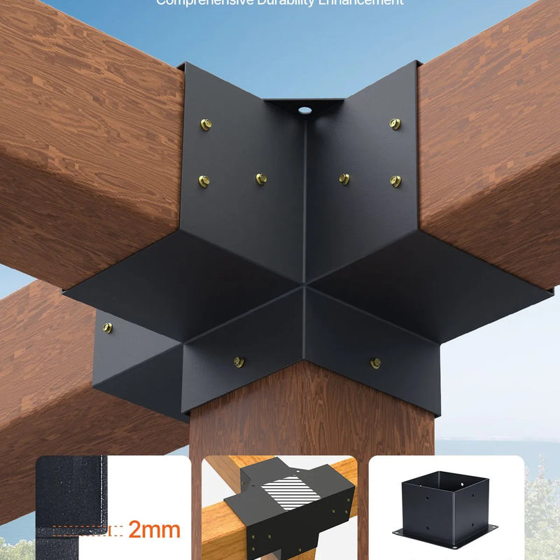 VEVOR pergolas stūra stiprinājumu komplekts 152 × 152 mm, iekšējais izmērs 142 × 142 mm, 4 virzienu lielas slodzes savienojumi koka brusām un stabiem, lapenēm, terases pergolām un koka nojumēm, 2 gab.