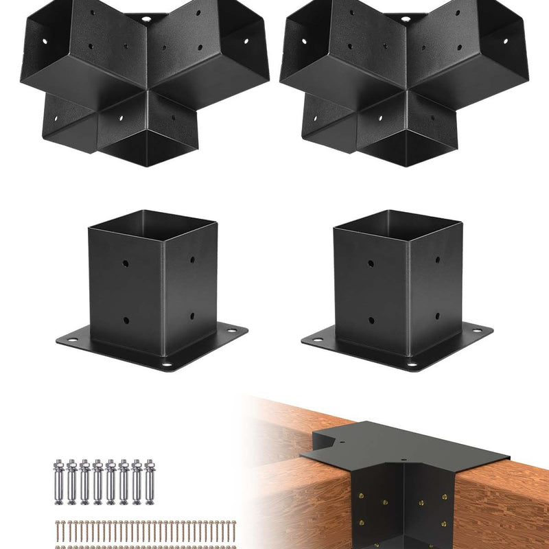 VEVOR pergolas stūra stiprinājumu komplekts 102 × 102 mm, iekšējais izmērs 89 × 89 mm, 4 virzienu lielas slodzes savienojumi koka brusām un stabiem, lapenēm, terases pergolām un koka nojumēm, 2 gab.