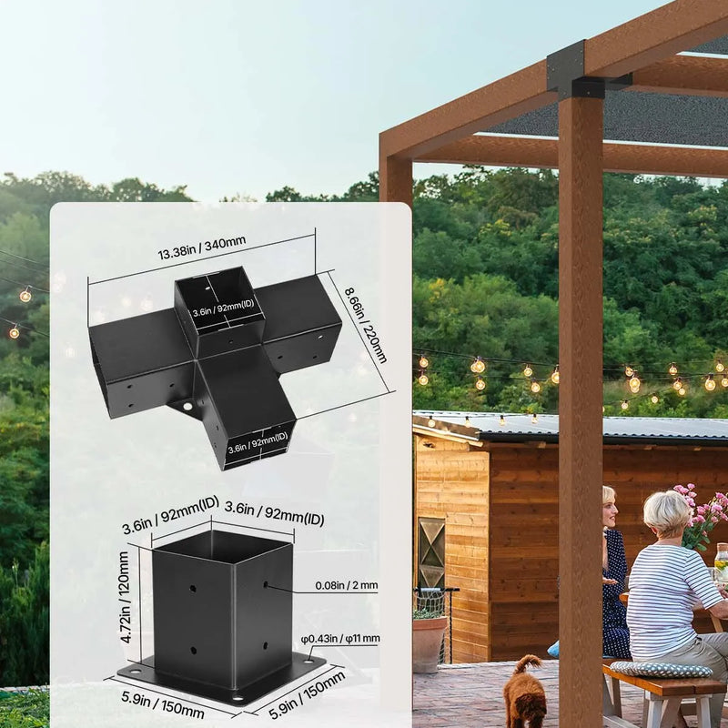 VEVOR pergolas stūra stiprinājumu komplekts 102 × 102 mm, iekšējais izmērs 89 × 89 mm, 4 virzienu lielas slodzes savienojumi koka brusām un stabiem, lapenēm, terases pergolām un koka nojumēm, 2 gab.