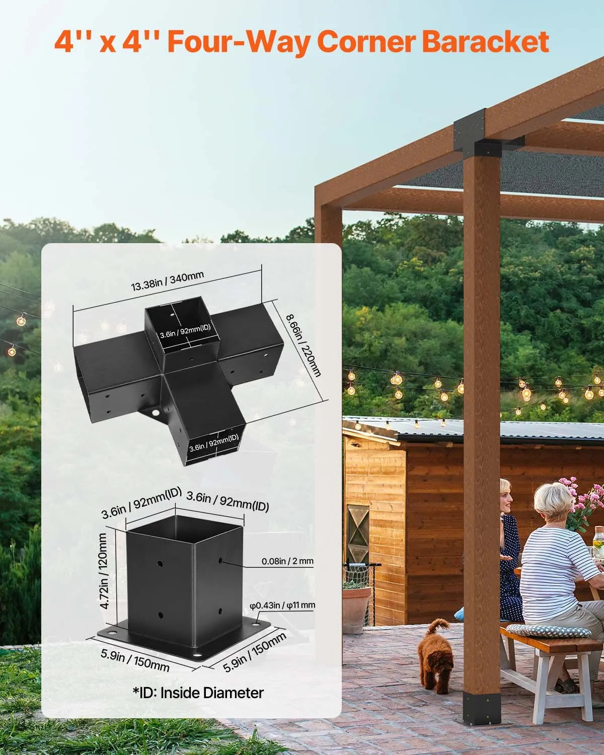 VEVOR Pergola Corner Bracket Set 102 × 102 mm, Inner Size 89 × 89 mm, 4-Way Heavy-Duty Connectors for Wood Beams and Posts, Pergolas, Terraces and Wooden Canopies, 2 Pieces