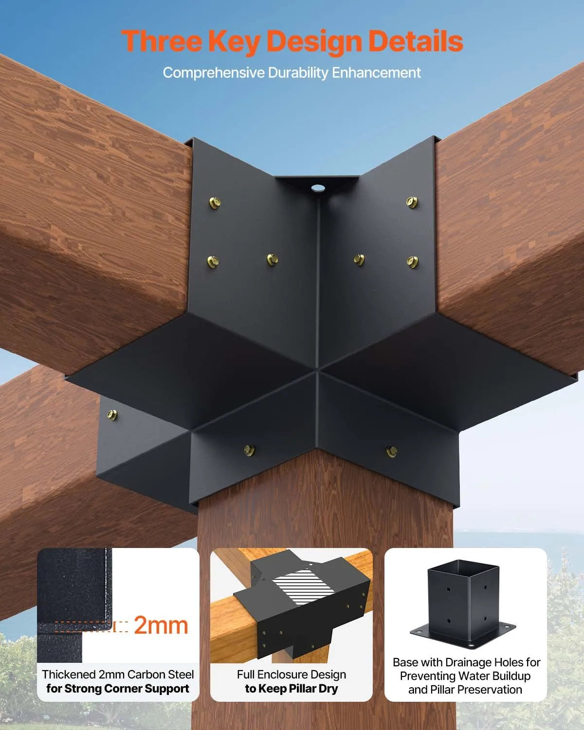 VEVOR Pergola Corner Bracket Set 102 × 102 mm, Inner Size 89 × 89 mm, 4-Way Heavy-Duty Connectors for Wood Beams and Posts, Pergolas, Terraces and Wooden Canopies, 2 Pieces