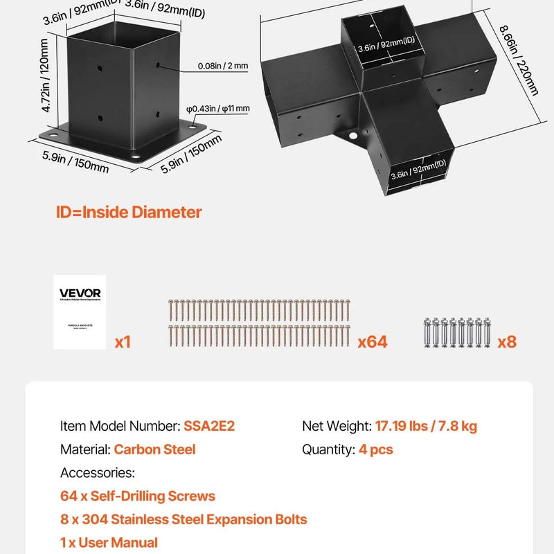 VEVOR pergolas stūra stiprinājumu komplekts 102 × 102 mm, iekšējais izmērs 89 × 89 mm, 4 virzienu lielas slodzes savienojumi koka brusām un stabiem, lapenēm, terases pergolām un koka nojumēm, 2 gab.