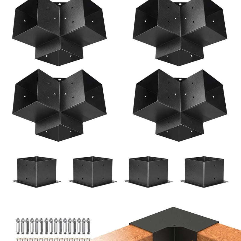 VEVOR pergolas stūra stiprinājumu komplekts 152 × 152 mm, iekšējais izmērs 142 × 142 mm, 3 virzienu lielas slodzes savienojumi koka brusām un stabiem, lapenēm, terases pergolām un koka nojumēm, 4 gab.