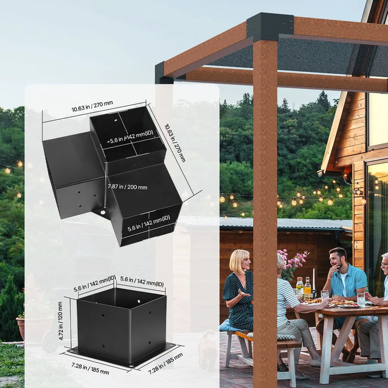 VEVOR pergolas stūra stiprinājumu komplekts 152 × 152 mm, iekšējais izmērs 142 × 142 mm, 3 virzienu lielas slodzes savienojumi koka brusām un stabiem, lapenēm, terases pergolām un koka nojumēm, 4 gab.