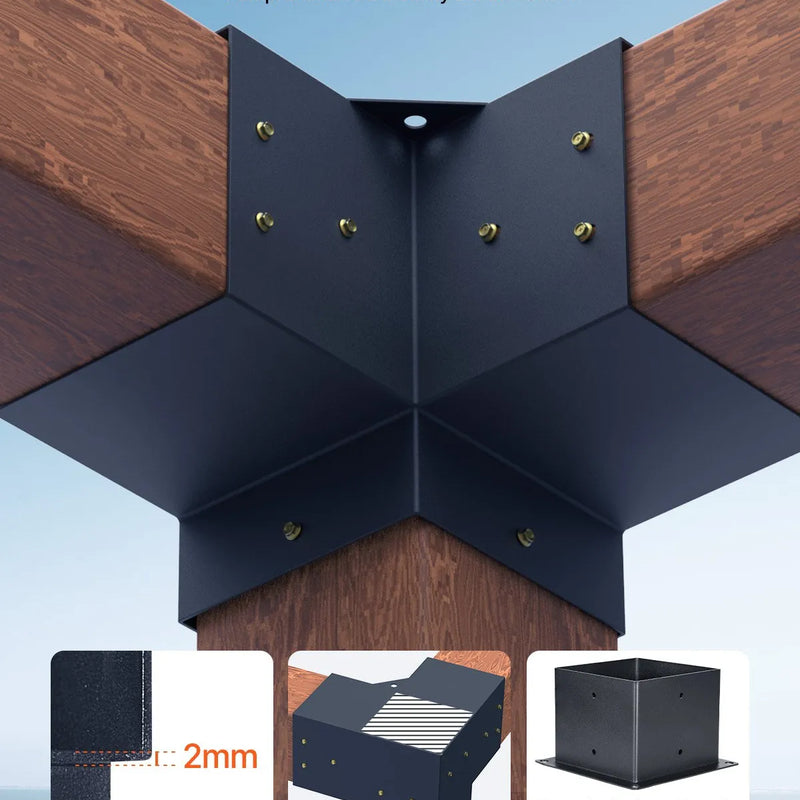 VEVOR pergolas stūra stiprinājumu komplekts 152 × 152 mm, iekšējais izmērs 142 × 142 mm, 3 virzienu lielas slodzes savienojumi koka brusām un stabiem, lapenēm, terases pergolām un koka nojumēm, 4 gab.