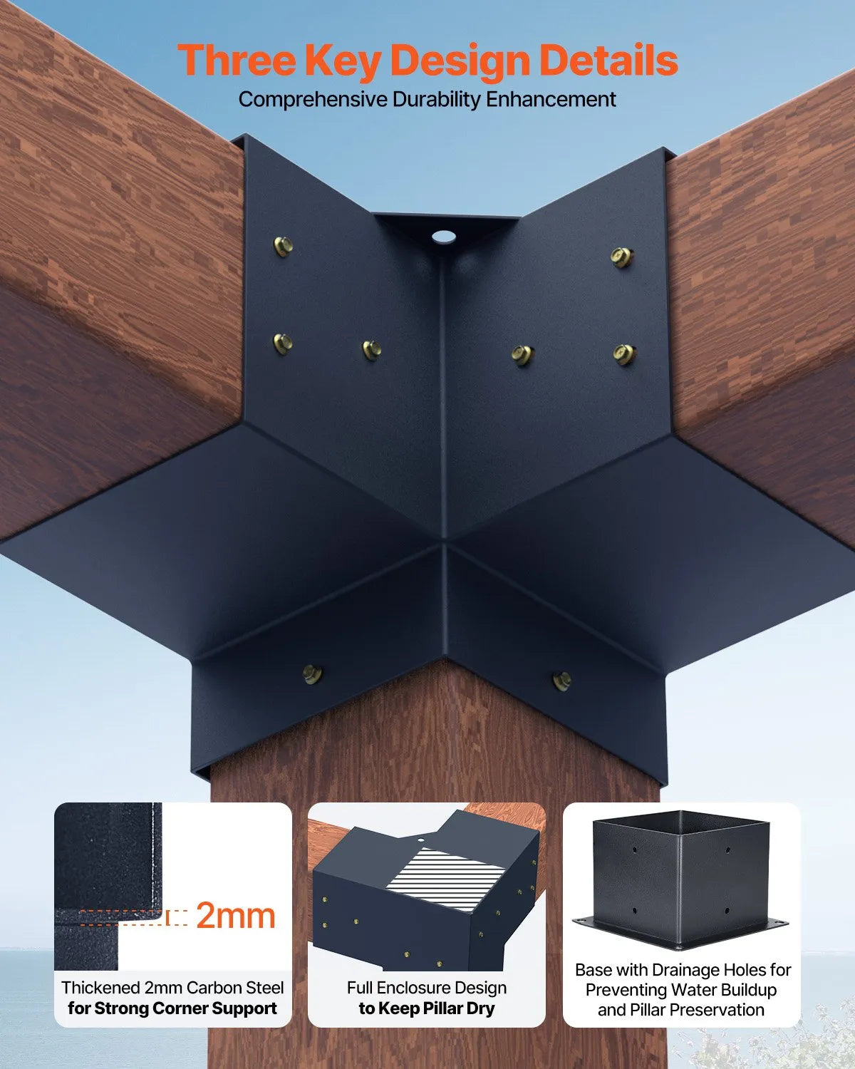 VEVOR Pergola Corner Bracket Set 152 × 152 mm, Inner Size 142 × 142 mm, 3-Way Heavy-Duty Connectors for Wooden Beams and Posts, Pergola Slats, Patio Pergolas and Wooden Canopies, 4 Pieces