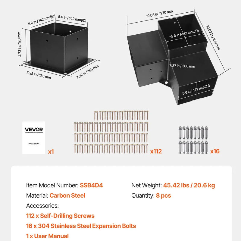 VEVOR pergolas stūra stiprinājumu komplekts 152 × 152 mm, iekšējais izmērs 142 × 142 mm, 3 virzienu lielas slodzes savienojumi koka brusām un stabiem, lapenēm, terases pergolām un koka nojumēm, 4 gab.