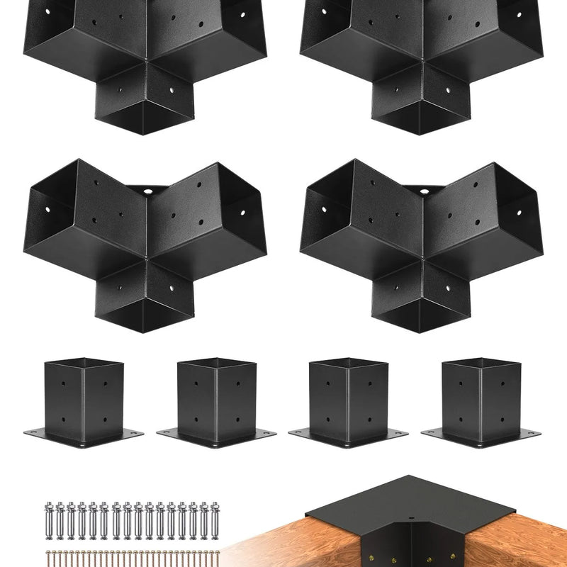 VEVOR pergolas stūra stiprinājumu komplekts 92 × 92 mm koka brusām, 3 virzienu lielas slodzes savienojumi ar stabu pamatnēm, lapenēm, terasēm un koka nojumēm, 4 gab.