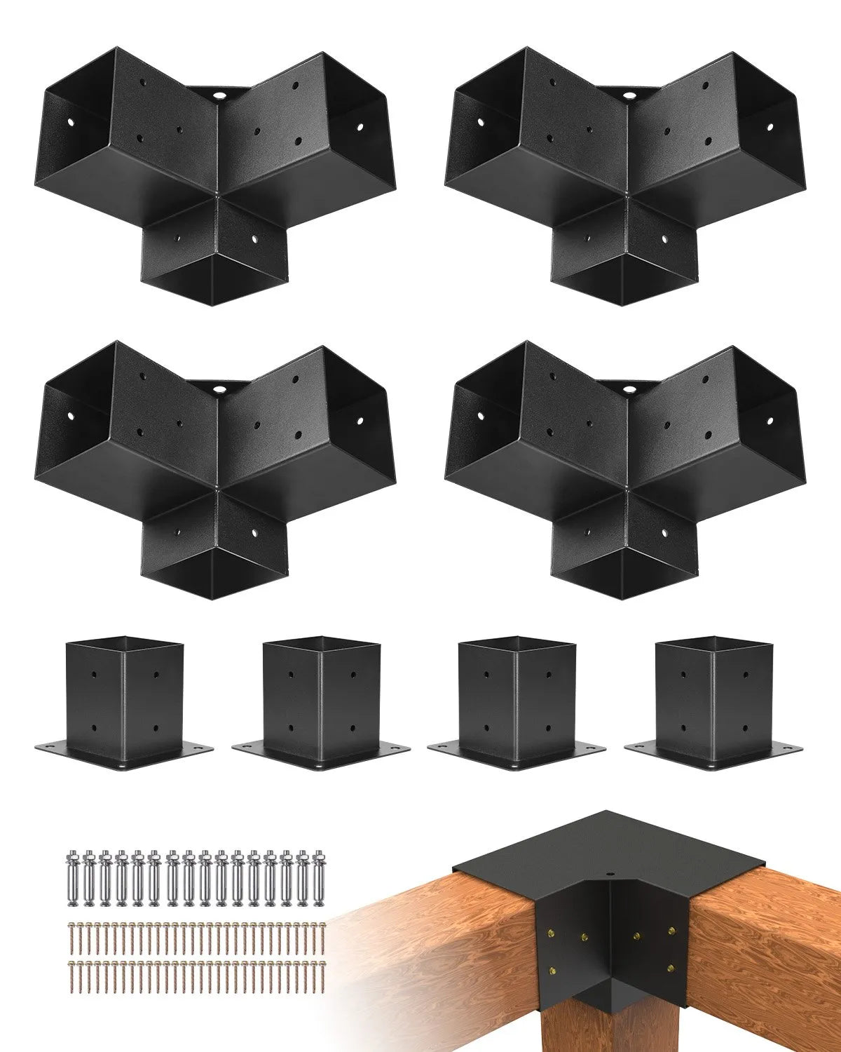 VEVOR pergolas stūra stiprinājumu komplekts 92 × 92 mm koka brusām, 3 virzienu lielas slodzes savienojumi ar stabu pamatnēm, lapenēm, terasēm un koka nojumēm, 4 gab.
