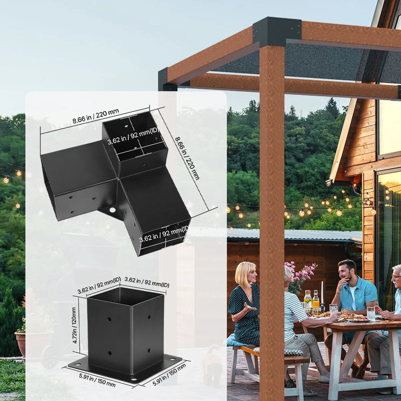 VEVOR pergolas stūra stiprinājumu komplekts 92 × 92 mm koka brusām, 3 virzienu lielas slodzes savienojumi ar stabu pamatnēm, lapenēm, terasēm un koka nojumēm, 4 gab.