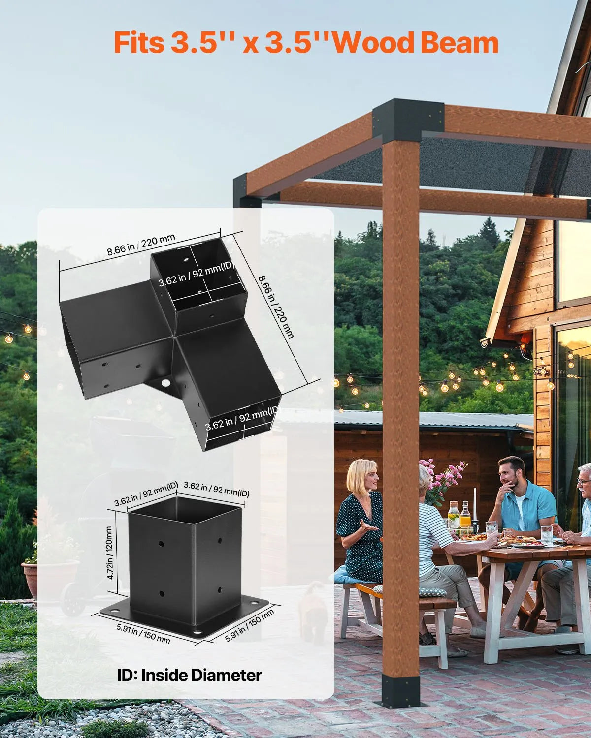 VEVOR pergolas stūra stiprinājumu komplekts 92 × 92 mm koka brusām, 3 virzienu lielas slodzes savienojumi ar stabu pamatnēm, lapenēm, terasēm un koka nojumēm, 4 gab.