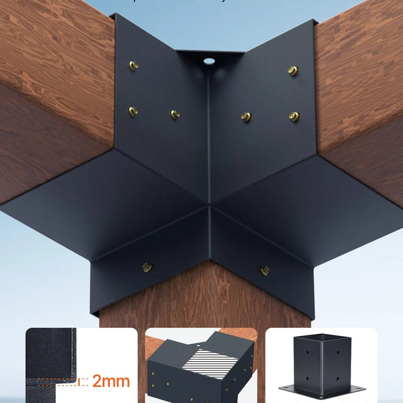 VEVOR pergolas stūra stiprinājumu komplekts 92 × 92 mm koka brusām, 3 virzienu lielas slodzes savienojumi ar stabu pamatnēm, lapenēm, terasēm un koka nojumēm, 4 gab.