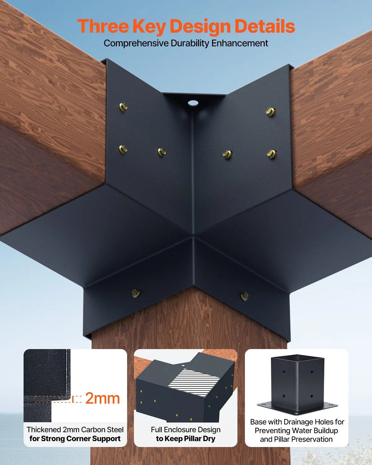 VEVOR pergolas stūra stiprinājumu komplekts 92 × 92 mm koka brusām, 3 virzienu lielas slodzes savienojumi ar stabu pamatnēm, lapenēm, terasēm un koka nojumēm, 4 gab.