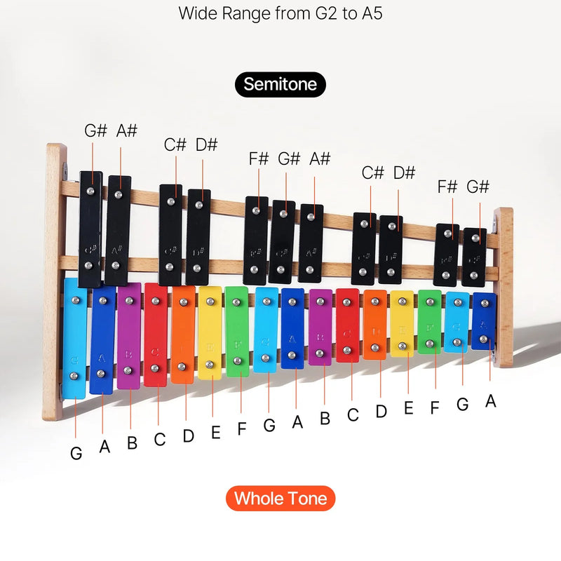 VEVOR 27 toņu glokenspīls/ksilofons ar krāsainiem metāla taustiņiem, profesionāls perkusiju instruments ar 4 vālītēm un pārnēsājamo somu, piemērots iesācējiem un pieaugušajiem