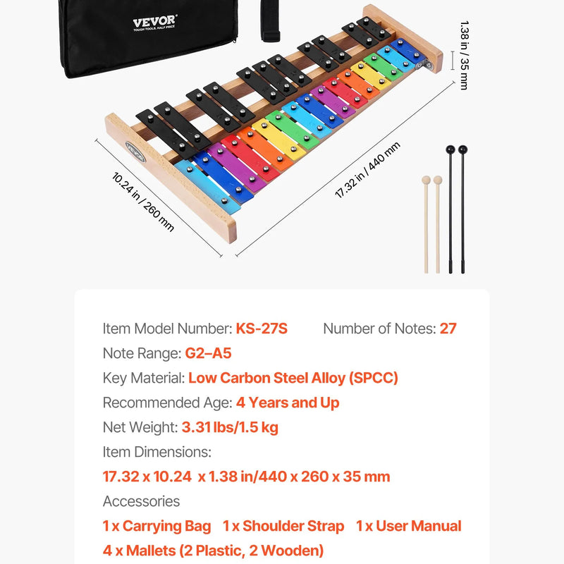 VEVOR 27 toņu glokenspīls/ksilofons ar krāsainiem metāla taustiņiem, profesionāls perkusiju instruments ar 4 vālītēm un pārnēsājamo somu, piemērots iesācējiem un pieaugušajiem