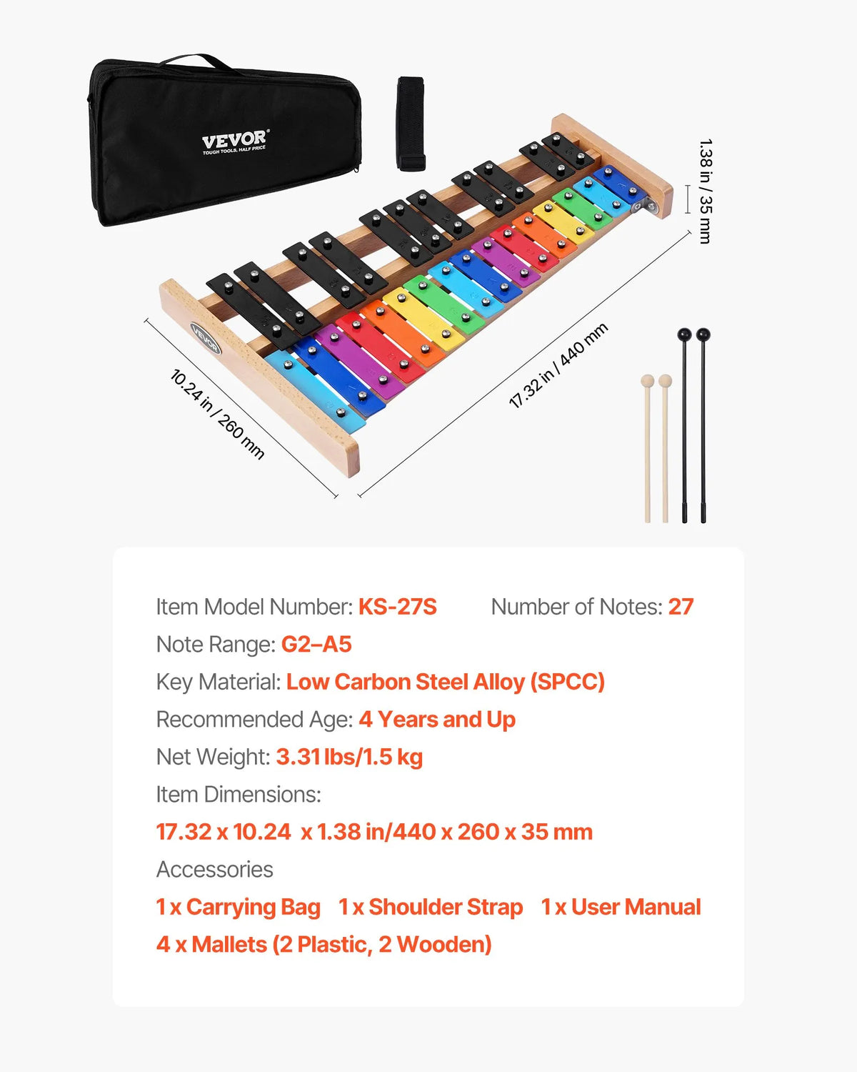 VEVOR Glockenspiel 27 Tones with Coloured Metal Keys, 4 Mallets and Bag