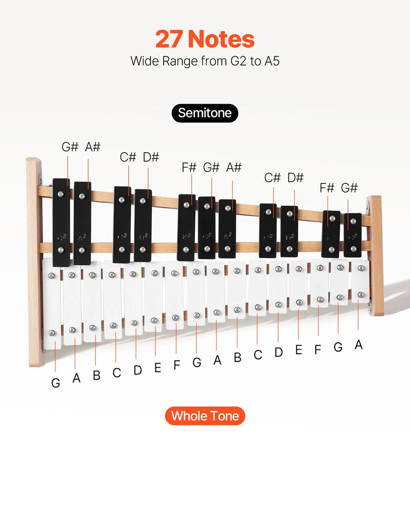 VEVOR metalofons ar 27 notīm, profesionāls perkusiju instruments ar metāla plāksnītēm, 4 vālītēm un pārnēsāšanas somu, piemērots iesācējiem un pieaugušajiem mūzikas apguvei
