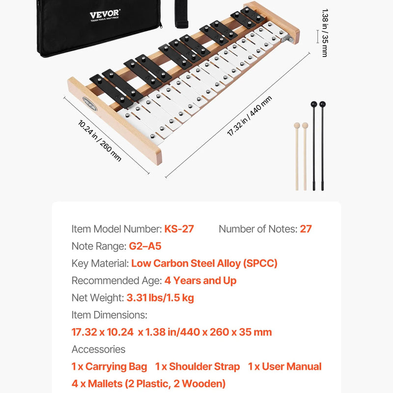 VEVOR metalofons ar 27 notīm, profesionāls perkusiju instruments ar metāla plāksnītēm, 4 vālītēm un pārnēsāšanas somu, piemērots iesācējiem un pieaugušajiem mūzikas apguvei