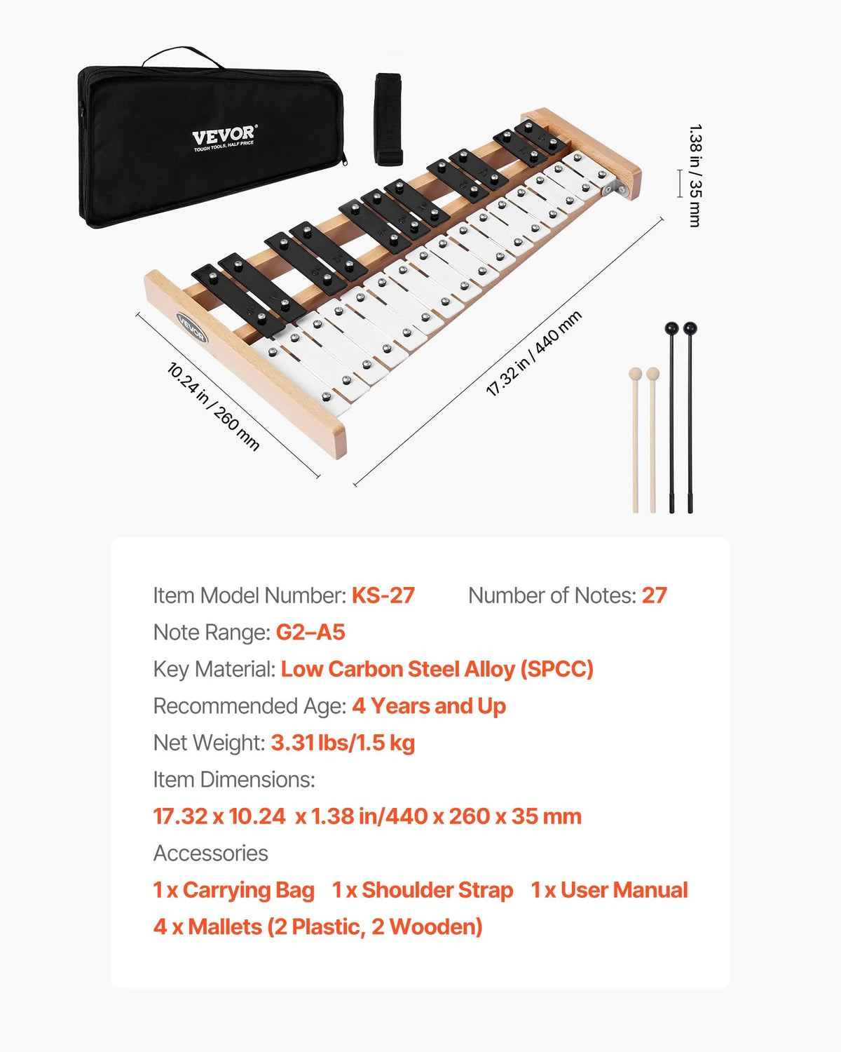 VEVOR Metallophone 27 Notes with Metal Plates, 4 Mallets and Bag
