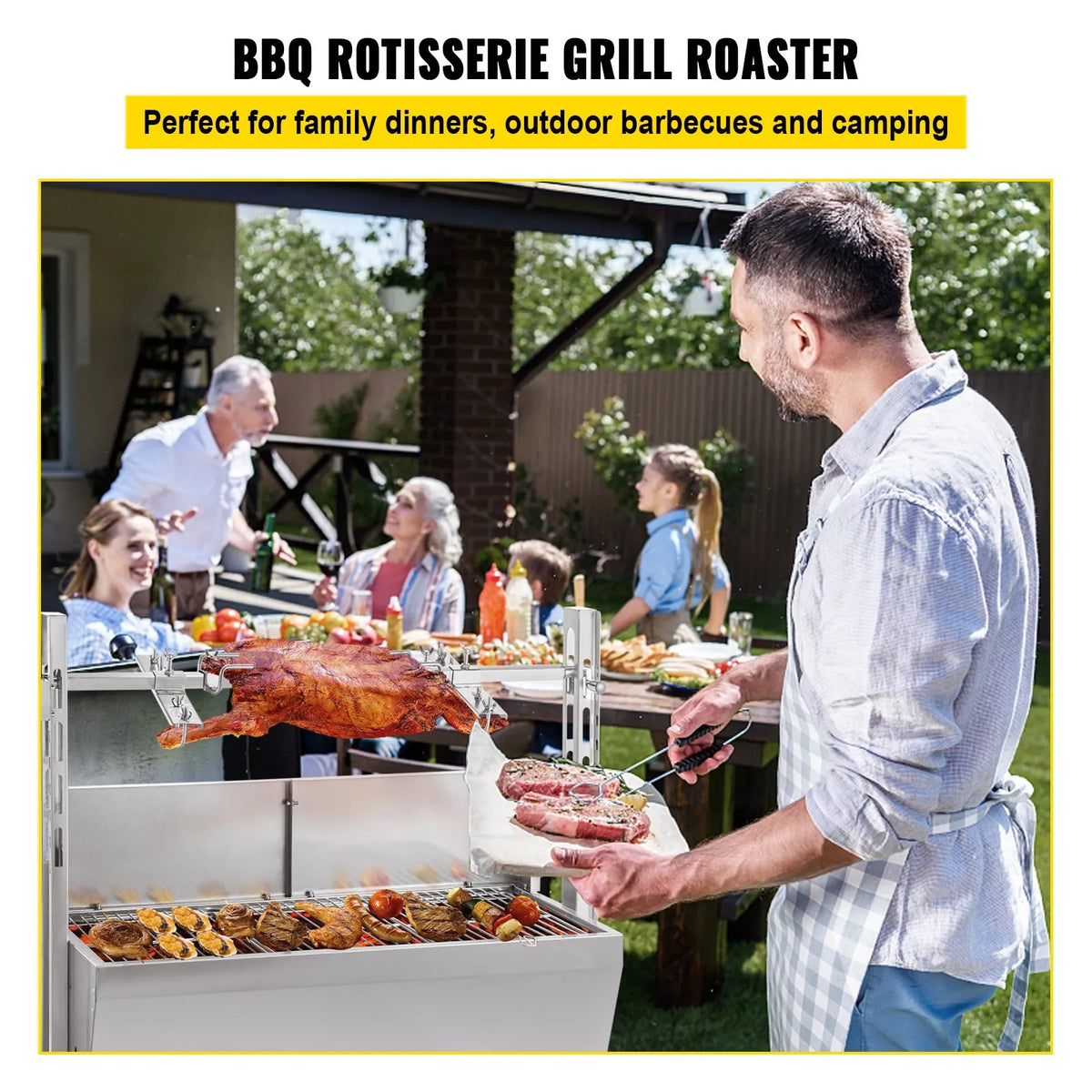 VEVOR rotējošais grils, BBQ iesma cepetis ar 60 kg kravnesību, ar ogļu deflektoru, 25 W ogļu piedziņas motoru, jēra un cūkas cepšanai, āra piknikiem un kempingam