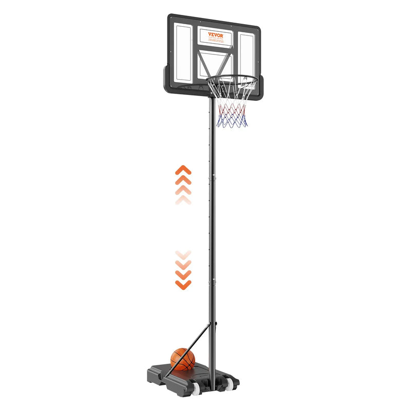 VEVOR basketbola grozs ar regulējamu augstumu 1,22–3,05 m, pārnēsājama sistēma ar 112 cm aizmugures vairogu, grozs ar statīvu, riteņiem un uzpildāmu pamatni, piemērots bērniem un pieaugušajiem, lietošanai telpās un ārā - ZEMLETES.LV