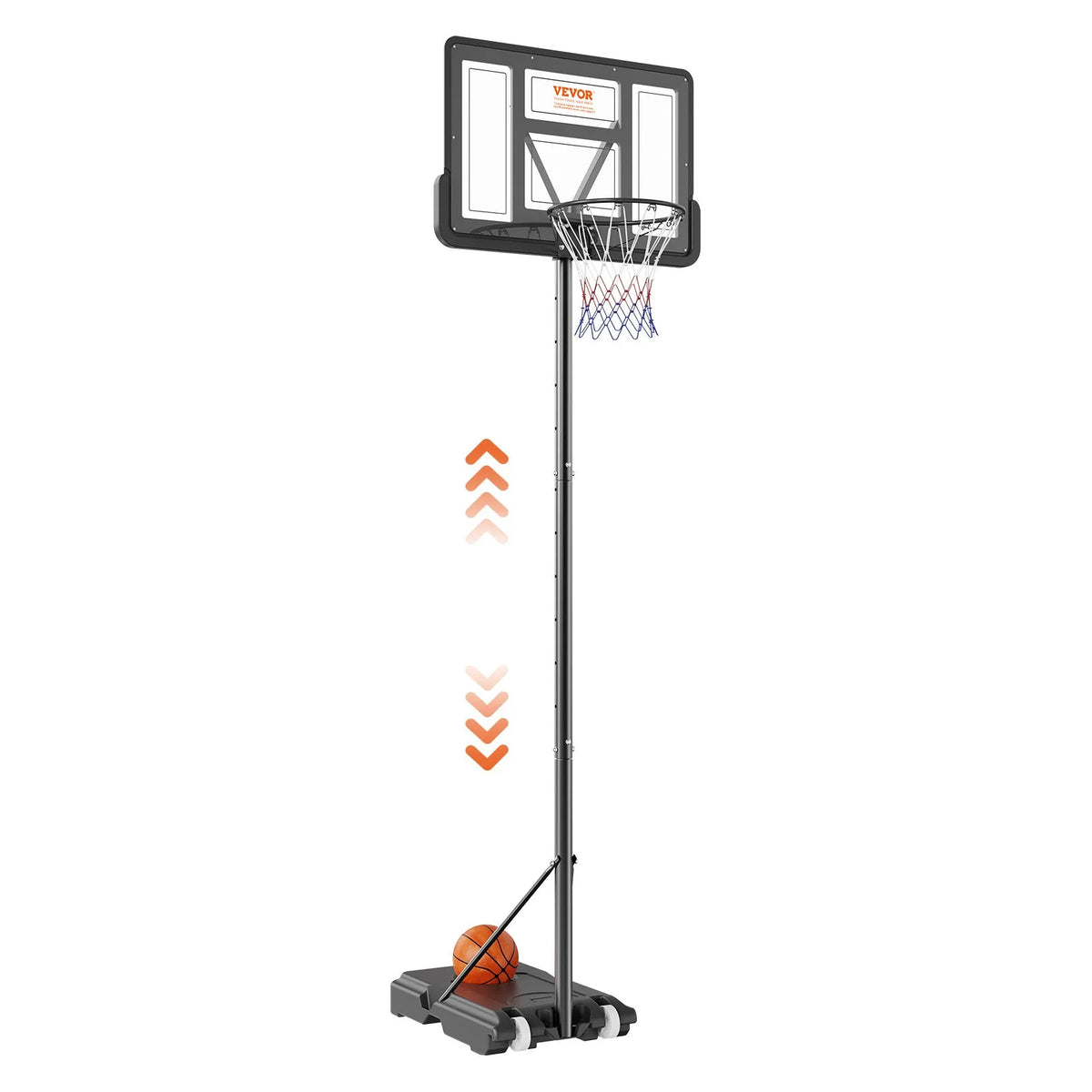 VEVOR basketbola grozs ar regulējamu augstumu 1,22–3,05 m, pārnēsājama sistēma ar 112 cm aizmugures vairogu, grozs ar statīvu, riteņiem un uzpildāmu pamatni, piemērots bērniem un pieaugušajiem, lietošanai telpās un ārā - ZEMLETES.LV