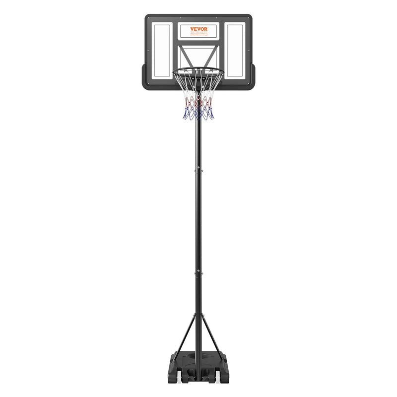 VEVOR basketbola grozs ar regulējamu augstumu 1,22–3,05 m, pārnēsājama sistēma ar 112 cm aizmugures vairogu, grozs ar statīvu, riteņiem un uzpildāmu pamatni, piemērots bērniem un pieaugušajiem, lietošanai telpās un ārā - ZEMLETES.LV