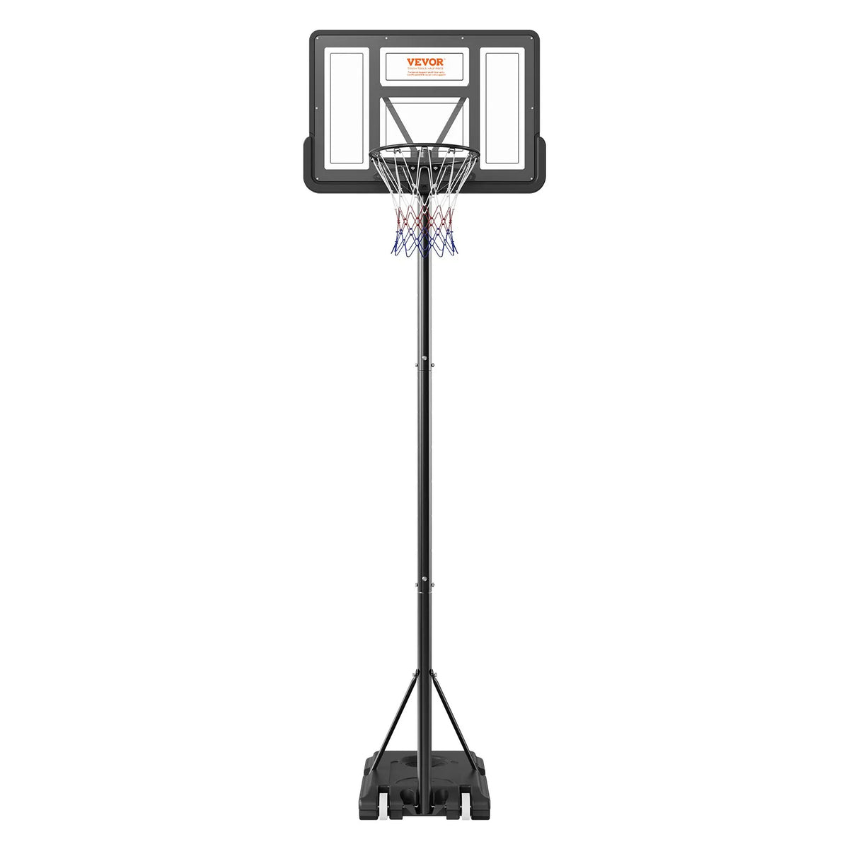 VEVOR basketbola grozs ar regulējamu augstumu 1,22–3,05 m, pārnēsājama sistēma ar 112 cm aizmugures vairogu, grozs ar statīvu, riteņiem un uzpildāmu pamatni, piemērots bērniem un pieaugušajiem, lietošanai telpās un ārā - ZEMLETES.LV