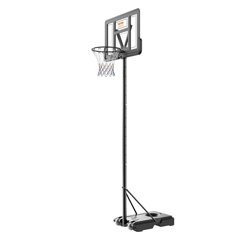 VEVOR basketbola grozs ar regulējamu augstumu 1,22–3,05 m, pārnēsājama sistēma ar 112 cm aizmugures vairogu, grozs ar statīvu, riteņiem un uzpildāmu pamatni, piemērots bērniem un pieaugušajiem, lietošanai telpās un ārā - ZEMLETES.LV