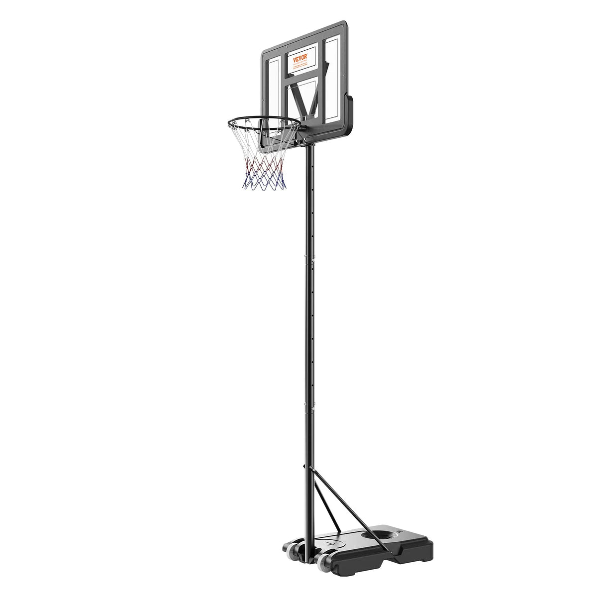 VEVOR basketbola grozs ar regulējamu augstumu 1,22–3,05 m, pārnēsājama sistēma ar 112 cm aizmugures vairogu, grozs ar statīvu, riteņiem un uzpildāmu pamatni, piemērots bērniem un pieaugušajiem, lietošanai telpās un ārā - ZEMLETES.LV