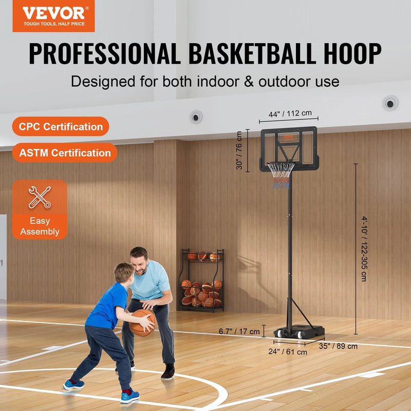 VEVOR basketbola grozs ar regulējamu augstumu 1,22–3,05 m, pārnēsājama sistēma ar 112 cm aizmugures vairogu, grozs ar statīvu, riteņiem un uzpildāmu pamatni, piemērots bērniem un pieaugušajiem, lietošanai telpās un ārā - ZEMLETES.LV