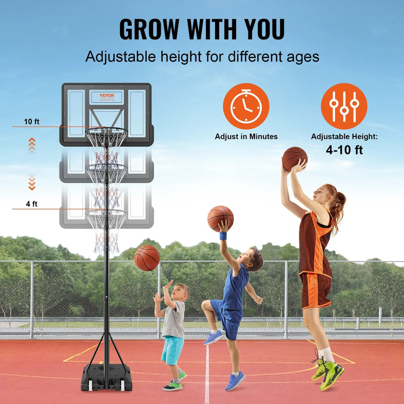 VEVOR basketbola grozs ar regulējamu augstumu 1,22–3,05 m, pārnēsājama sistēma ar 112 cm aizmugures vairogu, grozs ar statīvu, riteņiem un uzpildāmu pamatni, piemērots bērniem un pieaugušajiem, lietošanai telpās un ārā - ZEMLETES.LV
